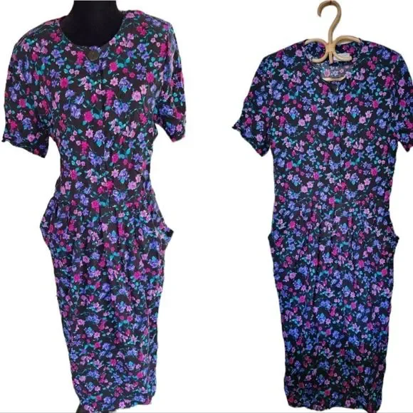 4 for $32 vintage 80s black and purple floral dress - Picture 2 of 5